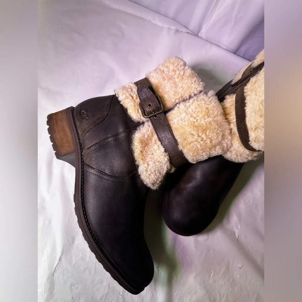 UGG Tan Shearling Buckle Boots